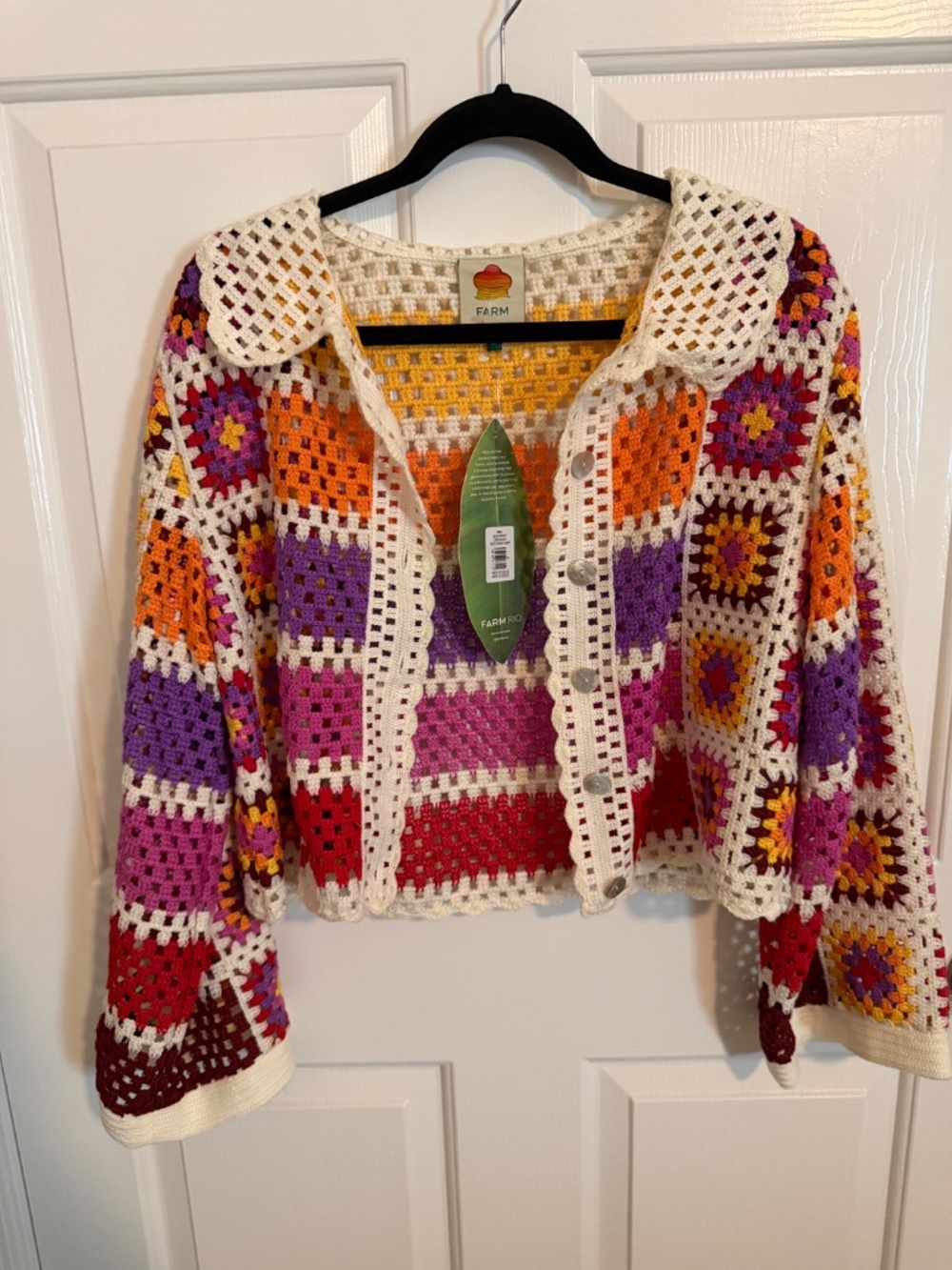 FARM Rio Multicolor Crochet Patchwork Cardigan NWT Size M - Picture 2 of 3